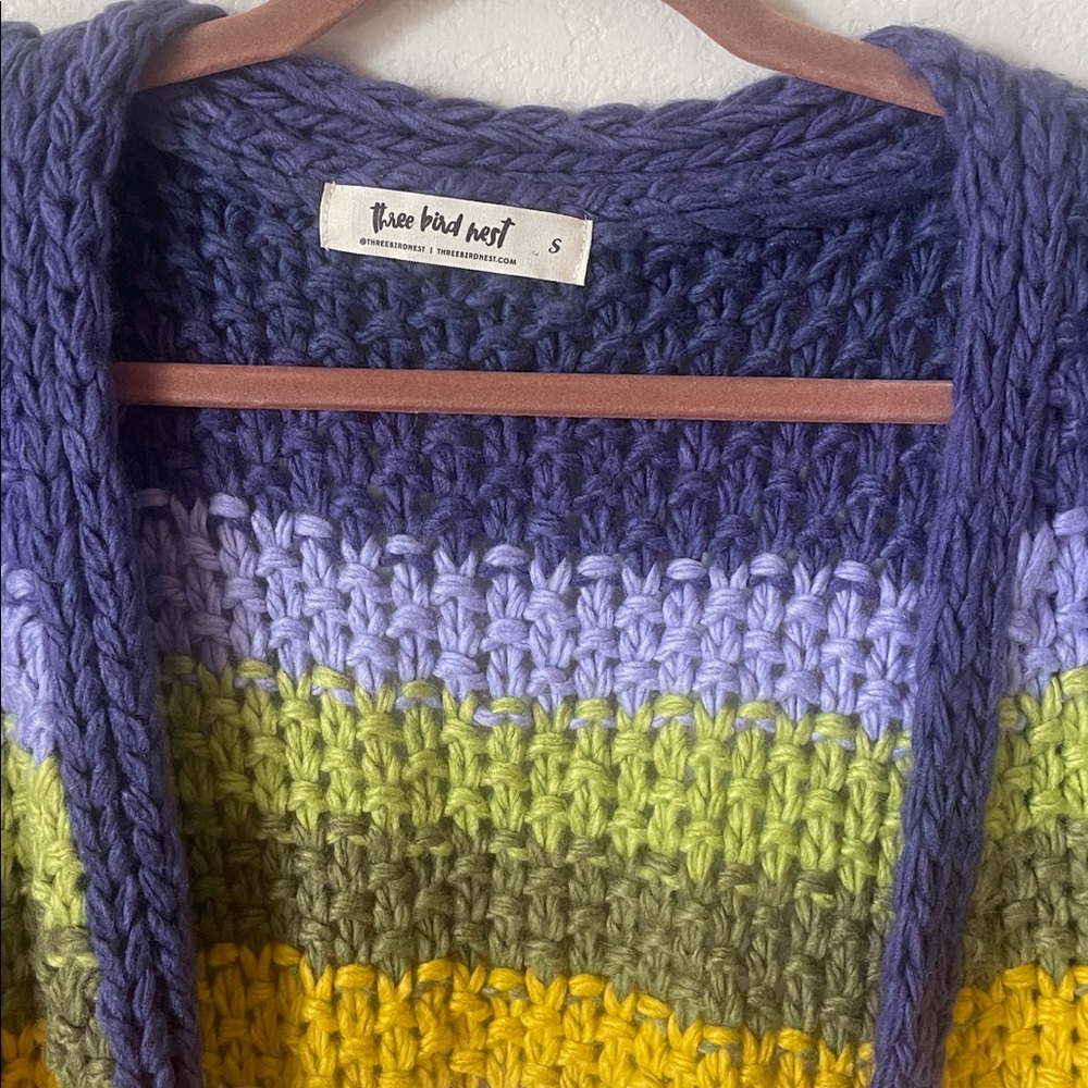 Three Bird Nest Multicolor Chunky Knit Open Cardigan Sweater - Picture 2 of 5